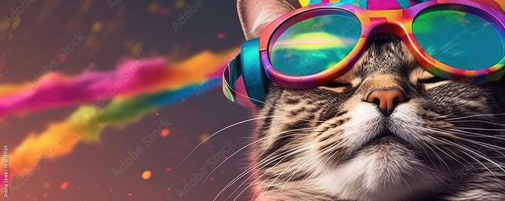 Cat smiling with an open mouth in a party hat and colorful sunglasses