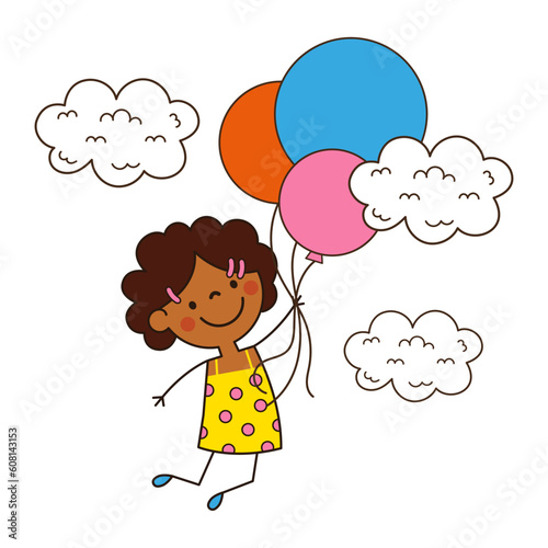 Happy cartoon little girl flying on colorful balloons near the clouds.Cute Black Child in doodle style. Design for prints, postcards, books, web. Vector illustration isolated on white background
