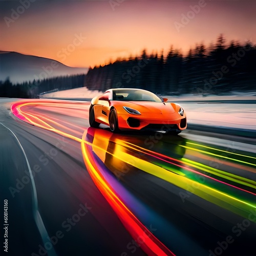Colorful sports car with shiny rainbow silhouette driving on asphalt  great image to use for blog  website  car magazine  business etc. The concept of intelligence Ai