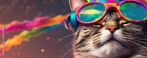 Cat smiling with an open mouth in a party hat and colorful sunglasses