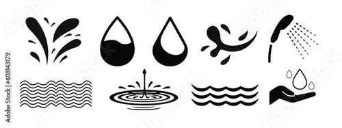 Water drops icon set. Editable vector pack of water line icons. A drop of water. magnifier  washing hands  shower. Vector illustration