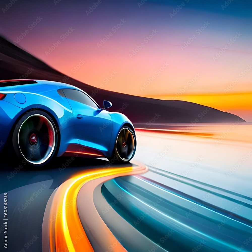 Colorful sports car with shiny rainbow silhouette driving on asphalt, great image to use for blog, website, car magazine, business etc. The concept of intelligence Ai