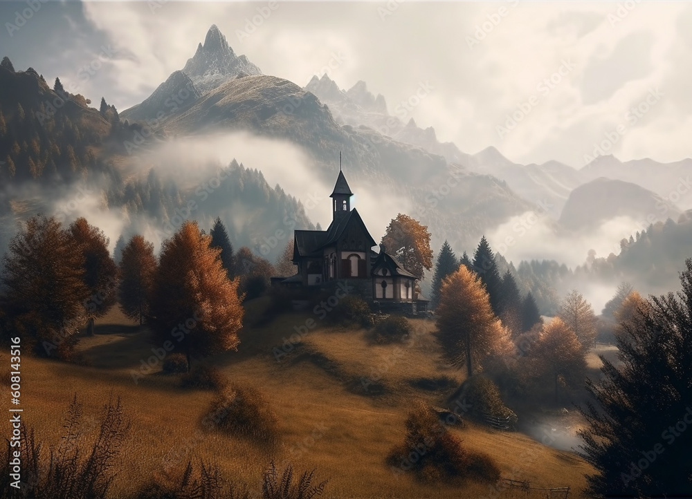 Scenic View of an Ancient European Monastery Church at the Peak of Mountain, Towering Over breathtaking nature scene: A Testament of Architectural Brilliance