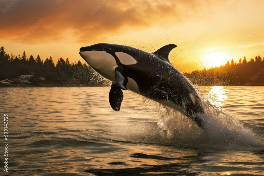 Fototapeta premium An image of an orca whale jumping out of the water in Alaskan waters, with a sunset in the background
