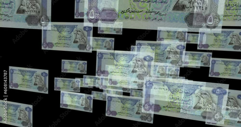 Emirates Dirham Dubai AED banknote loop. Flying between transparent money Dubai note. 3D seamless looped abstract concept of business, economy, finance, crisis and banking. Emirates Dirham Dubai AED banknote loop. Flying between transparent money Dubai note. 3D seamless looped abstract concept of business, economy, finance, crisis and banking.