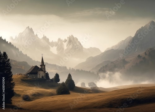 Scenic View of an Ancient European Monastery Church at the Peak of Mountain, Towering Over breathtaking nature scene: A Testament of Architectural Brilliance