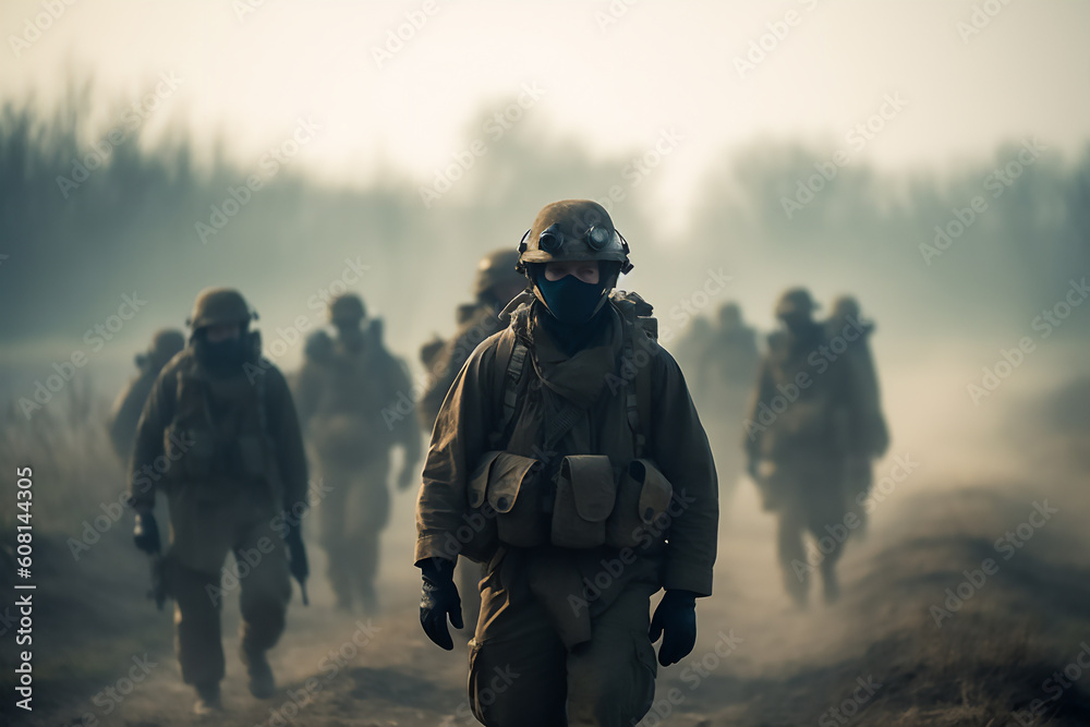 A group of modern-day soldiers in full equipment conducts a patrol in an unurbanized area created with generative AI technology A group of modern-day soldiers in full equipment conducts a patrol in an unurbanized area created with generative AI technology