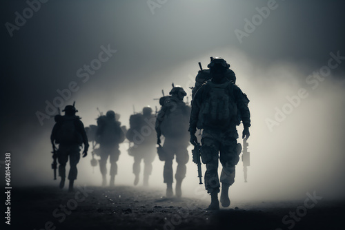 A group of modern-day soldiers in full equipment conducts a patrol in an unurbanized area created with generative AI technology