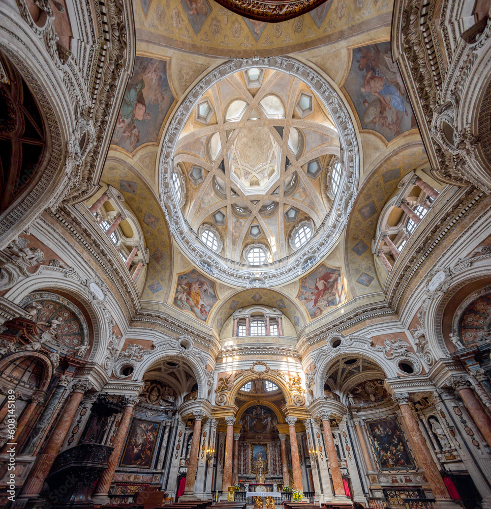 TURIN, ITALY, APRIL 11 2023 - Internal panoramic view of the Royal Church of San Lorenzo in Turin, Piedmont, italy