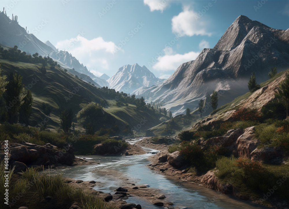 a panoramic view of towering mountains in a natural environment with Lush forest with flowing water river enveloped in a landscape of breathtaking beauty of nature green colors a panoramic view of towering mountains in a natural environment with Lush forest with flowing water river enveloped in a landscape of breathtaking beauty of nature green colors