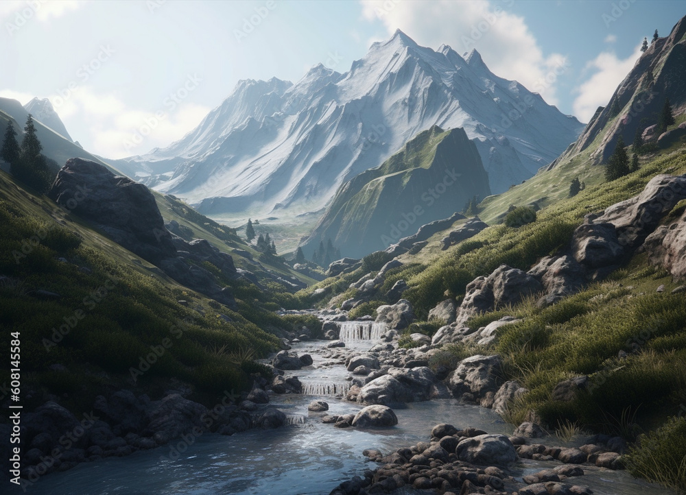 a panoramic view of towering mountains in a natural environment with Lush forest with flowing water river enveloped in a landscape of breathtaking beauty of nature green colors a panoramic view of towering mountains in a natural environment with Lush forest with flowing water river enveloped in a landscape of breathtaking beauty of nature green colors