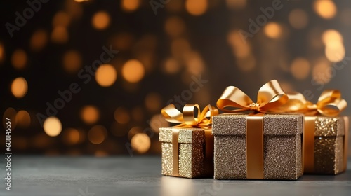 Gift boxes with gold bows on Dark background, Generative Ai