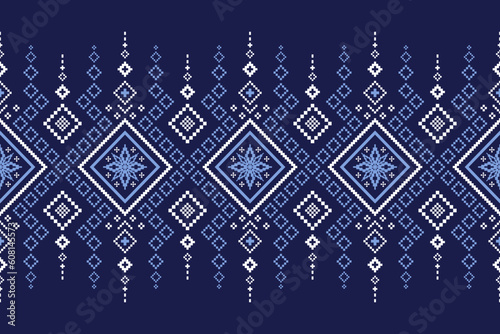 Indigo navy blue geometric traditional ethnic pattern Ikat seamless pattern border abstract design for fabric print cloth dress carpet curtains and sarong Aztec African Indian Indonesian 