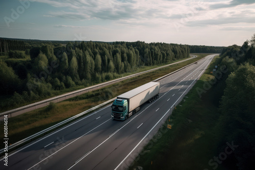 A semi truck drives along the highway during sunset, carrying vital freight to businesses and consumers, highlighting the crucial role of logistics in our daily lives. Generative AI.