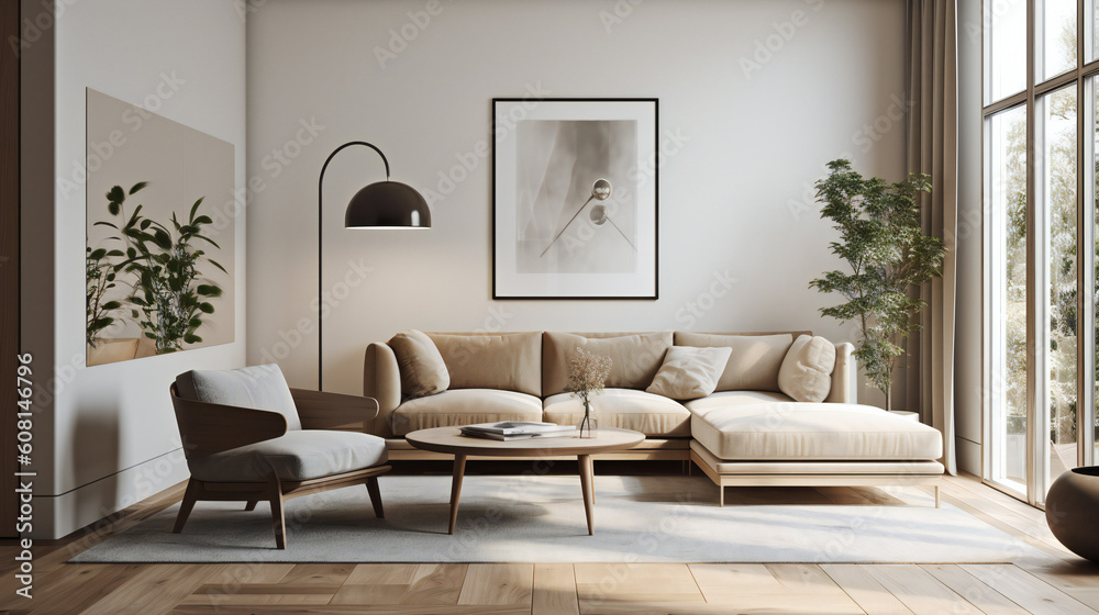 Fototapeta premium Modern Interior Design with Mockup Frame Poster, 3D Render, 3D Illustration