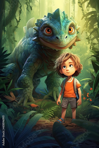 Generative AI Little Boy Explores Prehistoric World with Cute Friend Dinosaur © eugenegg