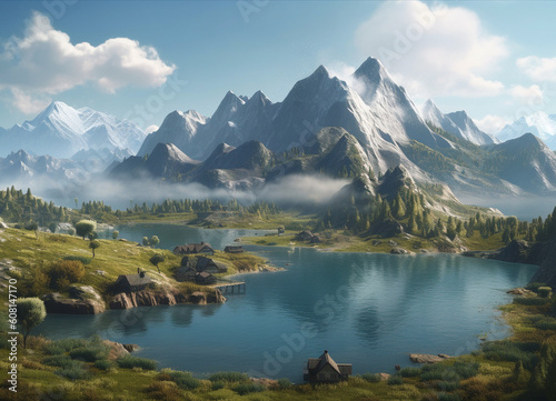 An idyllic mountain scene, where emerald greenery and bluish water embraces a serene lake, creating a tranquil harmony with nature green beneath the towering peaks.