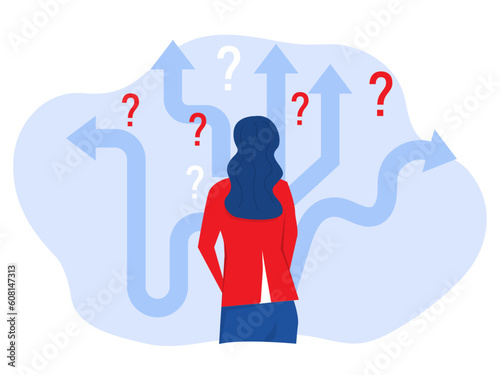 Businesswoman Decision Which Way at arrows pointing to many directions. vector illustration.