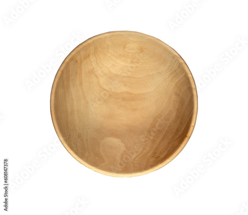 Wooden brown round bowl isolated on white background. View from above.