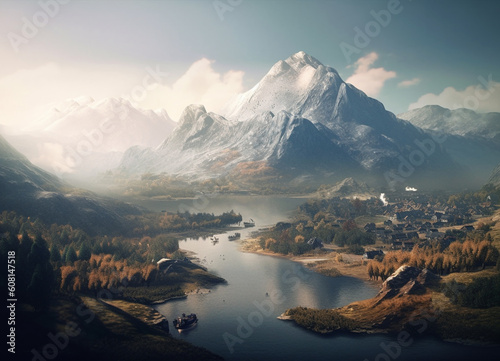 An idyllic mountain scene, where emerald greenery and bluish water embraces a serene lake, creating a tranquil harmony with nature green beneath the towering peaks.