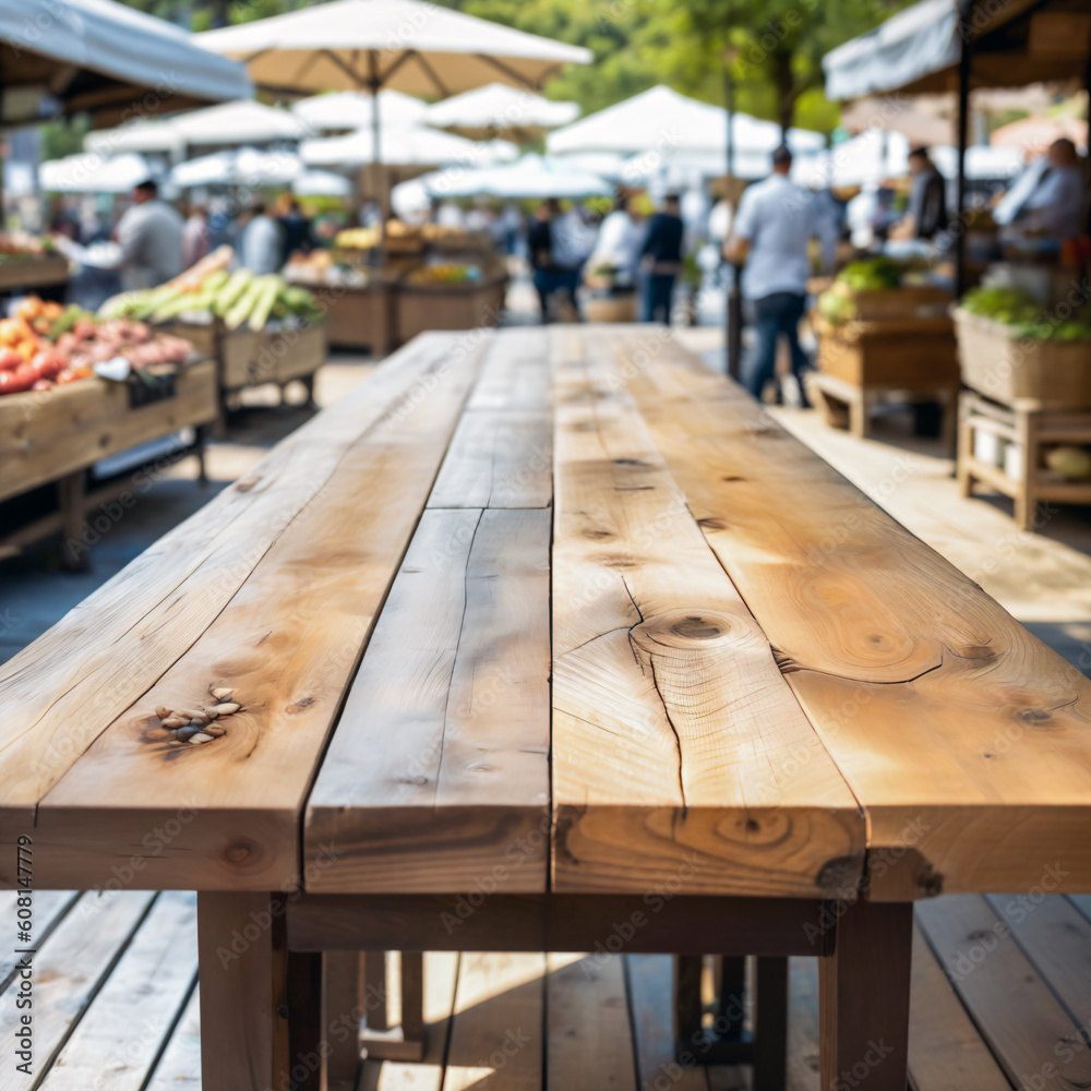 Selective focus, Wood table top on soft focus outdoor market background. For montage product display. generative ai. Selective focus, Wood table top on soft focus outdoor market background. For montage product display. generative ai.