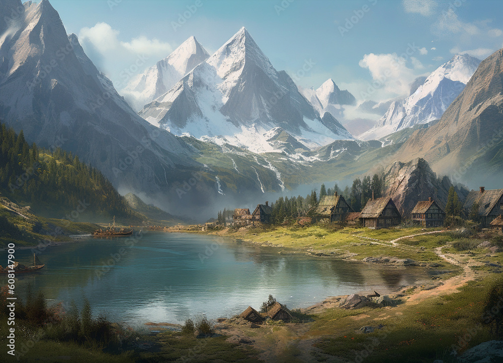 An idyllic mountain scene, where emerald greenery and bluish water embraces a serene lake, creating a tranquil harmony with nature green beneath the towering peaks.