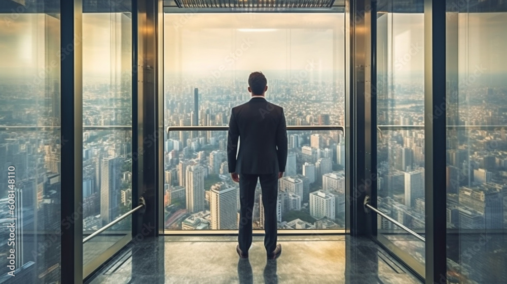 A man in a suit looks at the city through glass walls. Generative AI A man in a suit looks at the city through glass walls. Generative AI