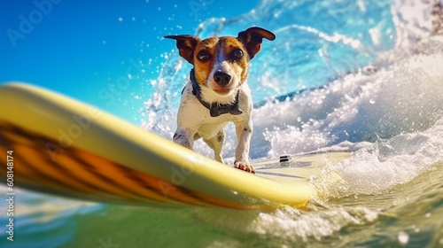 The dog rides the waves with a board. Generative AI