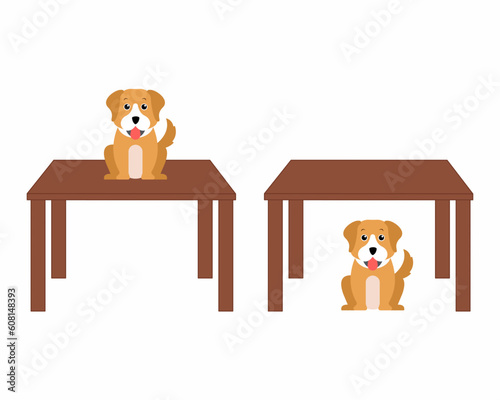 Dog is sitting on the table and under the table learning material for kids opposites suggestions on under