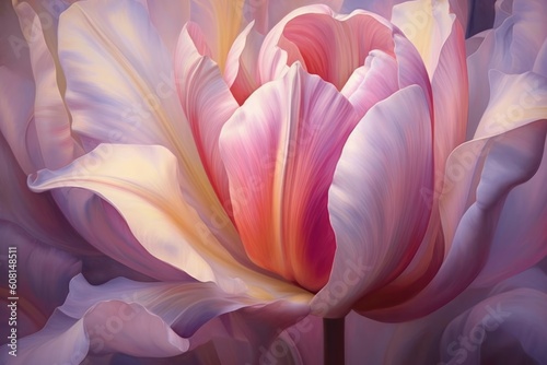 Tulip - Graceful curves emerge, embracing hues of pink and purple. Petals reach towards the sky. Generative AI