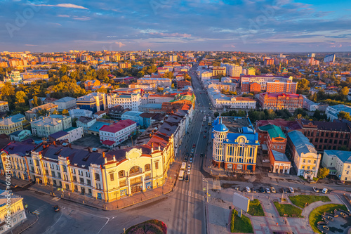Panorama city Tomsk and Tom River with sunlight. Aerial top view