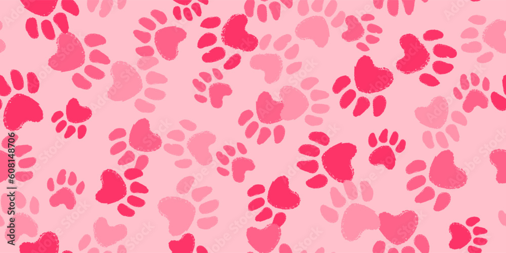 Seamless pattern with pink animal paw prints. Dog or cat hand drawn paw prints background.