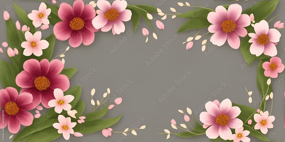 Pink flowers with leaves on a gray background, with space for text. Generative AI