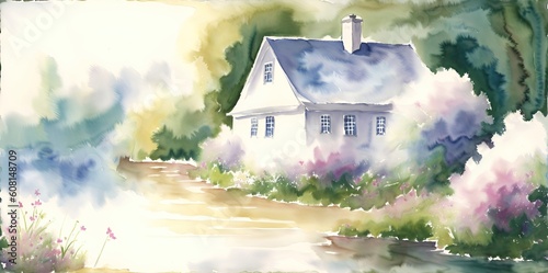 Watercolor landscape, house on the lake, river.