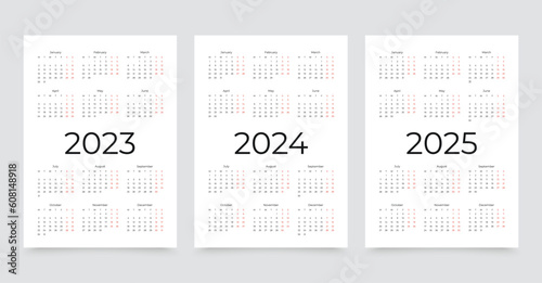 2023, 2024, 2025 years calendar. Week starts Monday. Simple calender layout with 12 months. Desk planner template. Yearly diary. Organizer in English. Pocket or wall formats. Vector illustration. photo