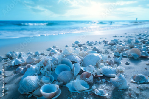 Dream landscape on a sandy beach with shells, flowers, pearls and little luminous glass spheres. Dream and meditation concept. Created with Generative AI technology.