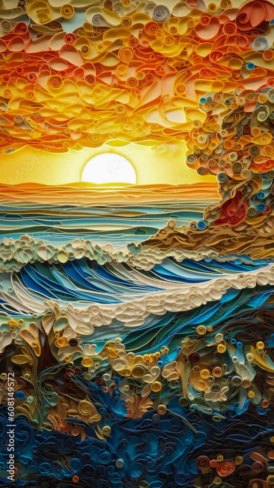 Obraz premium Paper quilling art representing a landscape with water, sky and trees. Created with Generative AI technology.