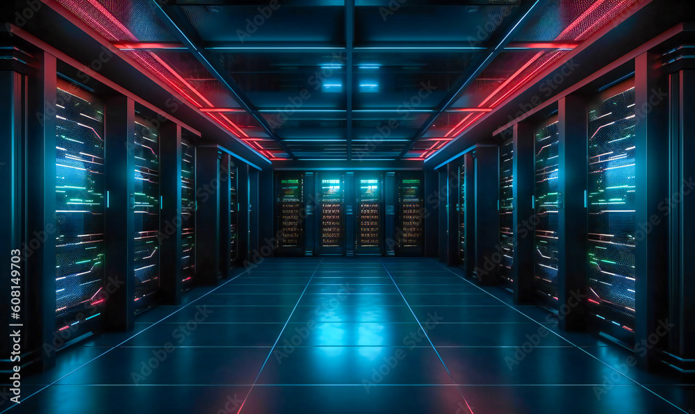 Data center servers room storage systems. Generic cloud storage concept illustration. Created with Generative AI technology. Data center servers room storage systems. Generic cloud storage concept illustration. Created with Generative AI technology.