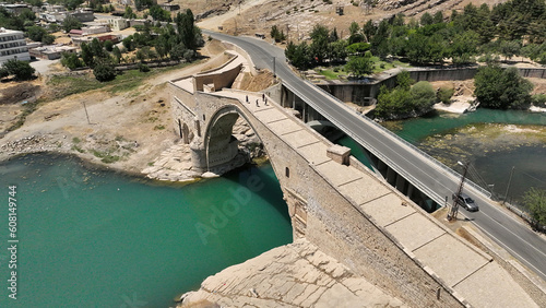 Malabadi Bridge was built in 1147 during the Artuqid period. A photograph of the bridge taken with a drone. photo