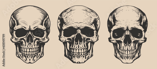 Set of vintage retro scary hipster skull. Can be used like emblem, logo, badge, label. mark, poster or print. Monochrome Graphic Art. Vector. Hand drawn element in engraving © Graphic Warrior