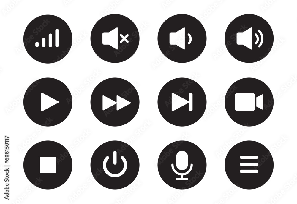 Audio, video, music player circle button icon. Sound control, play, pause button solid icon set. Camera, media control, microphone interface pictogram. Vector illustration. Audio, video, music player circle button icon. Sound control, play, pause button solid icon set. Camera, media control, microphone interface pictogram. Vector illustration.