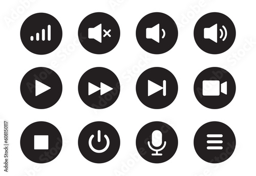 Audio, video, music player circle button icon. Sound control, play, pause button solid icon set. Camera, media control, microphone interface pictogram. Vector illustration.