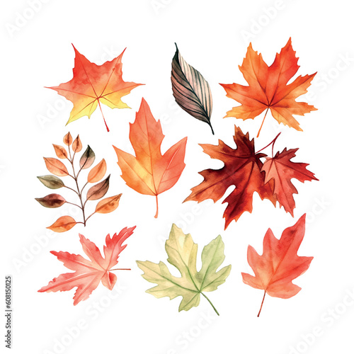 Fotografia Beautiful autumn leaves watercolor set, great design for any purposes