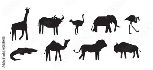 Abstract safari animals set. Hand drawn silhouette elephant, lion, crocodile, giraffe and camel. Set of contemporary vector illustration