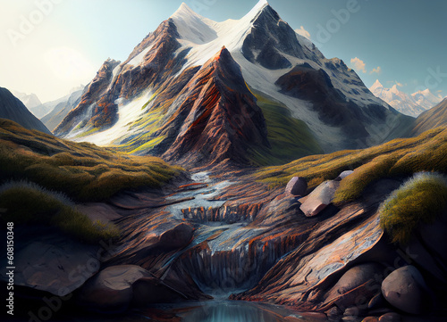 "A rustic mountain tableau unfolds, showcasing rugged peaks rising over a vast expanse of brown earth, imbued with the raw, untouched beauty of nature with the flowing river water in the wilderness.