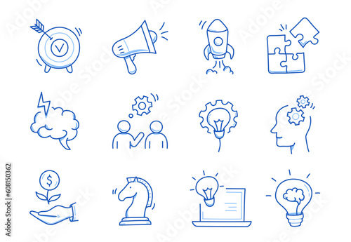 Business idea, startup doodle line icon set. Hand drawn doodle sketch line style business strategy, finance goal concept. Rocket, target, brain cute element. Vector illustration