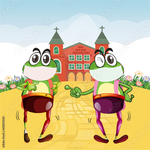 Fantasy Frogs Going to School Children's Book Illustration