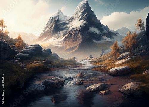 "A rustic mountain tableau unfolds, showcasing rugged peaks rising over a vast expanse of brown earth, imbued with the raw, untouched beauty of nature with the flowing river water in the wilderness.