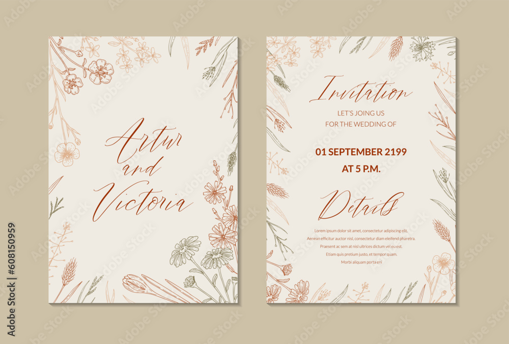 Two side wedding invitation with hand drawn summer herbs. Vertical wildflowers design. Vector illustration in sketch style. Meadow flowers aesthetic background