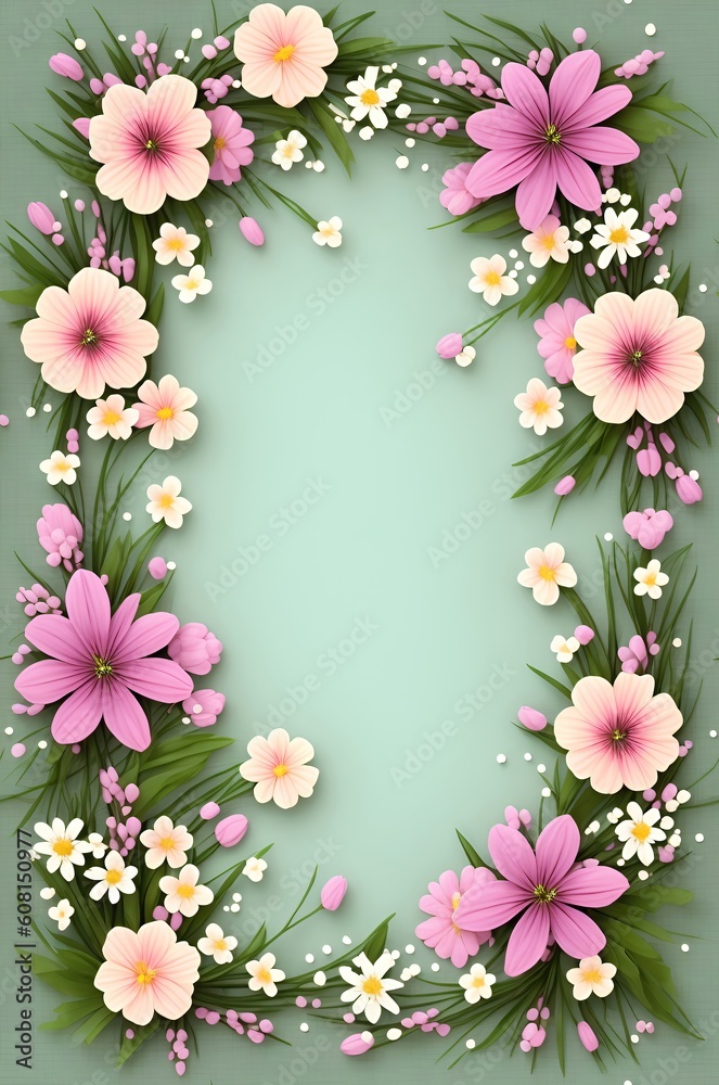 Pink flowers with leaves on a green background, with space for text. Generative AI
